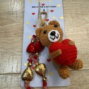 Crochet Bear Keychain with Heart and Beads
